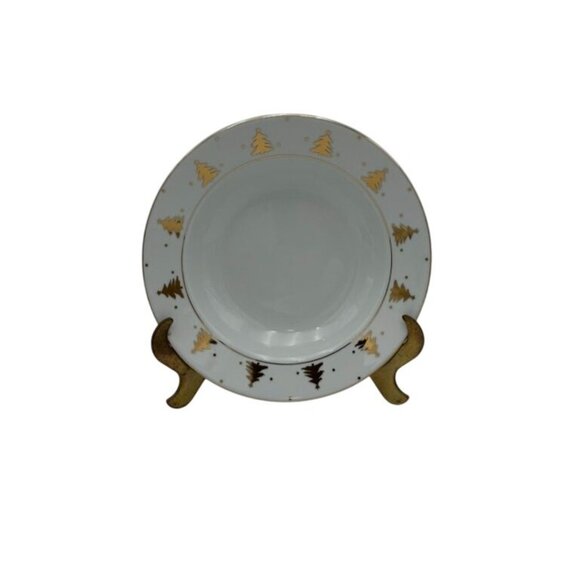 Tienshan Pines Christmas Tree Soup Bowls 8" Set 4 Holiday White Gold Winter - Picture 2 of 4